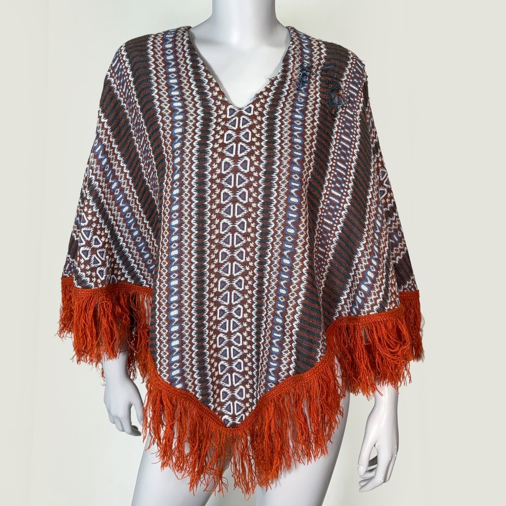 VTG Boho Knit Poncho Geometric Knit Fringe Made in Japan